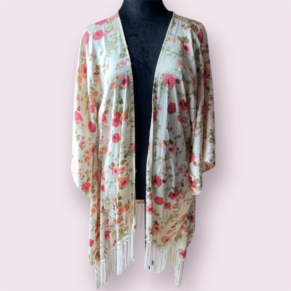 Ivory Love S/M Long Floral Kimono Cardigan- silky feel Floral Kimono with Fringe